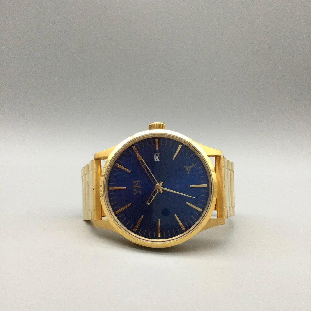 YesMan Shot Caller Mens Watch 45mm Gold Tone Blue Dial Bracelet Date 8.75